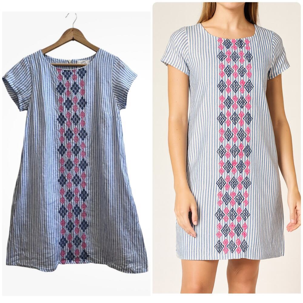 Pomegranate Blue White Striped Linen Fully Lined Pocket Dress Size Small Resort